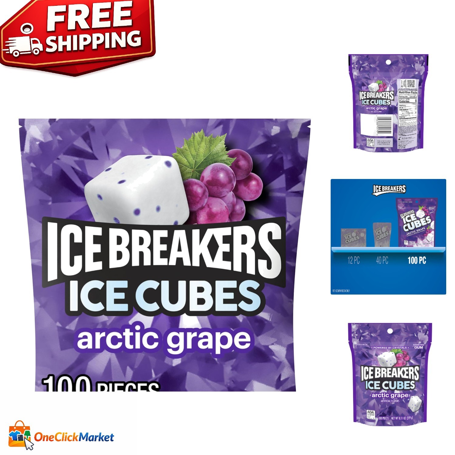 ICE CUBES Arctic Grape Sugar-Free Chewing Gum – 8.11oz Pouch with 100 Pieces