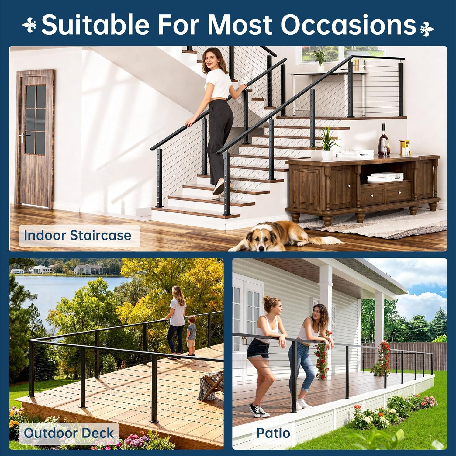 8Ftx2Inx1In Black Cable Railing Handrail 2 Pack, Stainless Steel T304 Rectangula