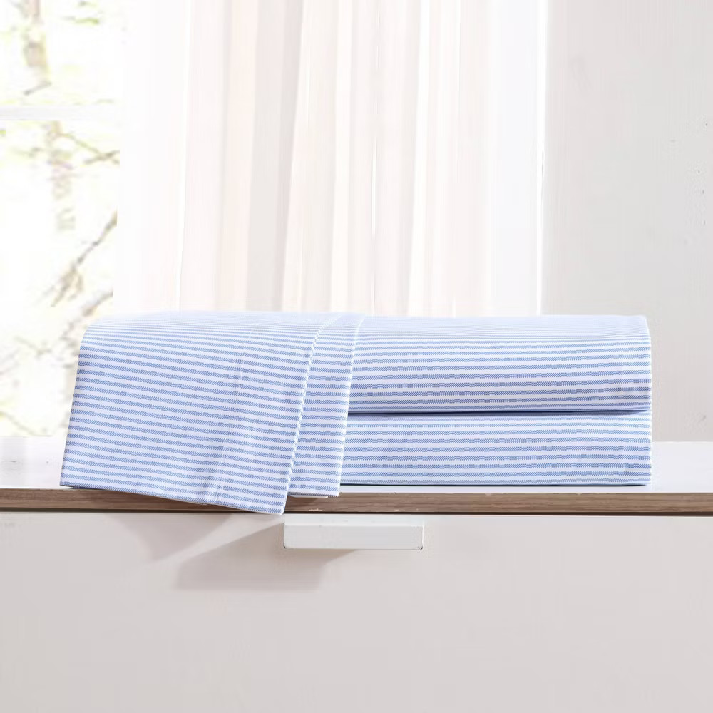 Twin XL Printed Pattern Percale Cotton Sheet Set Blue Stripe – Poppy