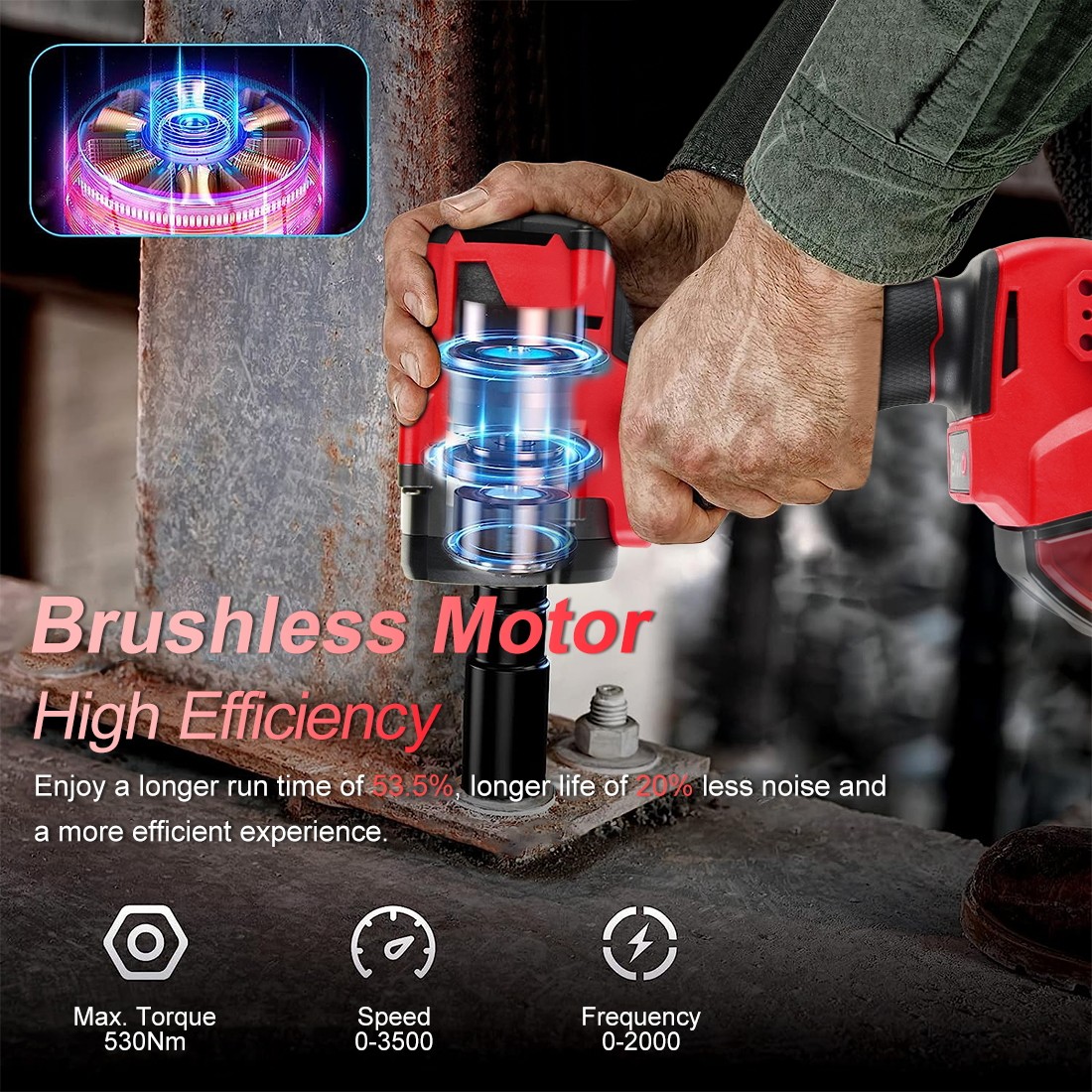 530N.m 1/2″ Cordless High Torque Impact Wrench For Milwaukee M18 18V Battery