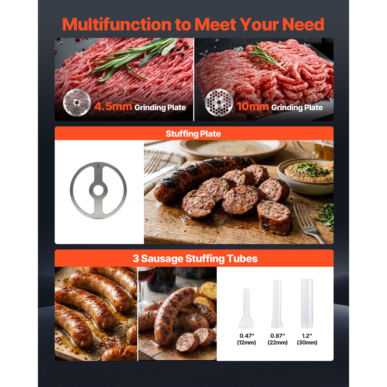 Meat Grinder #8: 350W/0.5HP, 8 lbs/min, 3 Plates, Dishwasher-Safe Parts