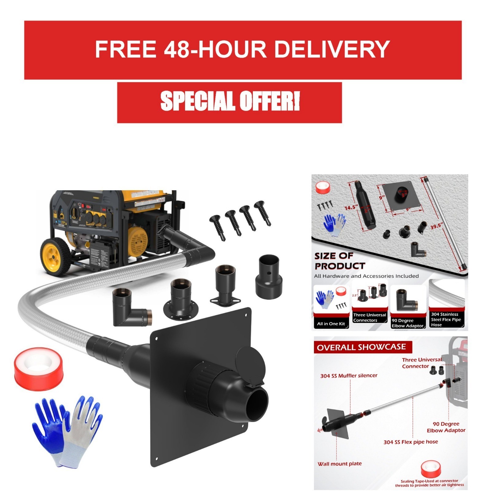 Generator Exhaust Extension Silencer Kit Stainless Steel Flex Pipe
