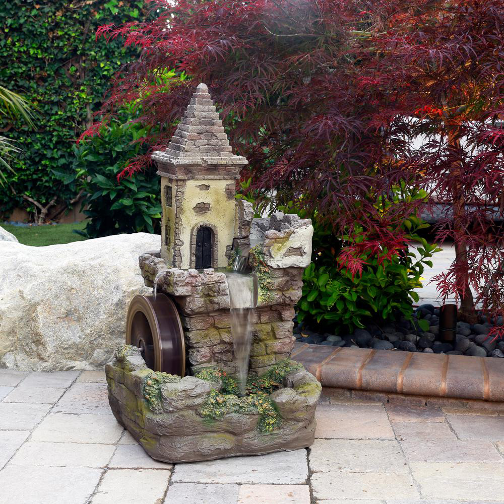 35 in. Tall Outdoor Fairy Castle Waterwheel Tiered Fountain Yard Art Decoration