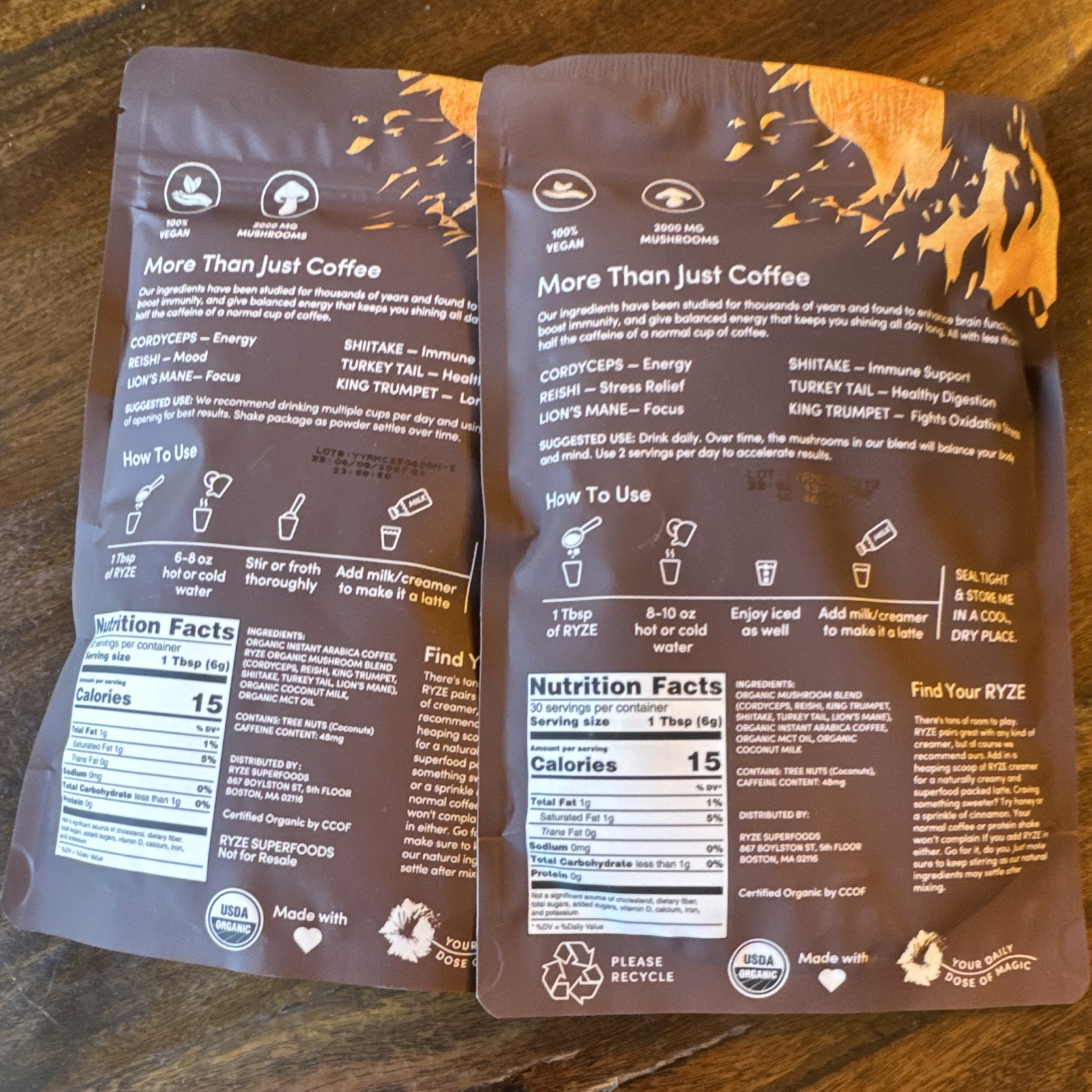 Authentic RYZE Mushroom Coffee – USDA Organic Vegan- 2 Packs – FREE Ship