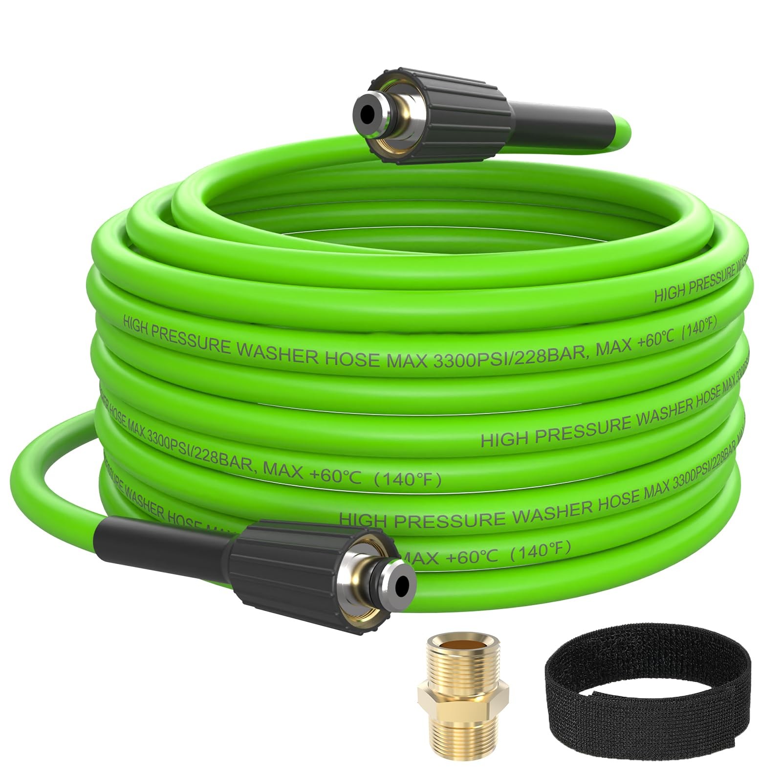 Green 50 FT x 1/4 Inch 3300 PSI PVC Pressure Washer Hose M2214MM Brass Tool