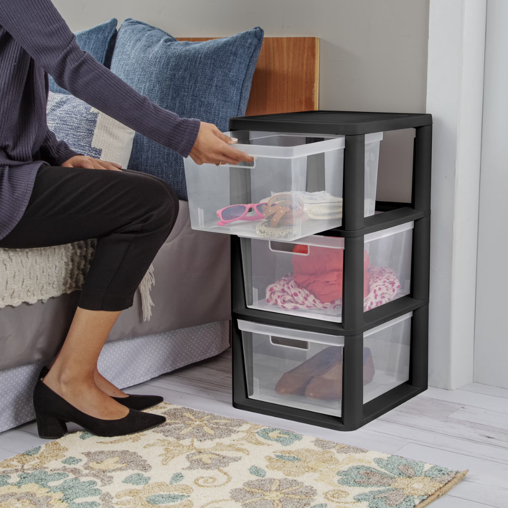 2Pack Sterilite Medium 3 Drawer Tower Plastic Storage Bins Organizer Unit, Black