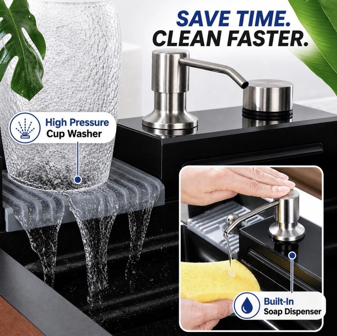 30 x 18” Waterfall Kitchen Sink Flying Rain Pull-Out Faucet w/ Cup Washer
