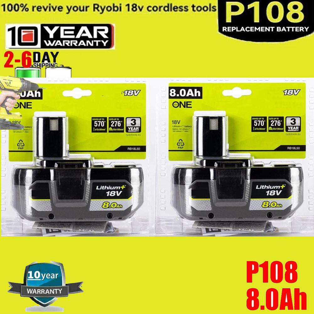 2PACK For RYOBI 18V 8.0Ah P108 High Capacity Battery 18Volt Lithium-Ion One Plus