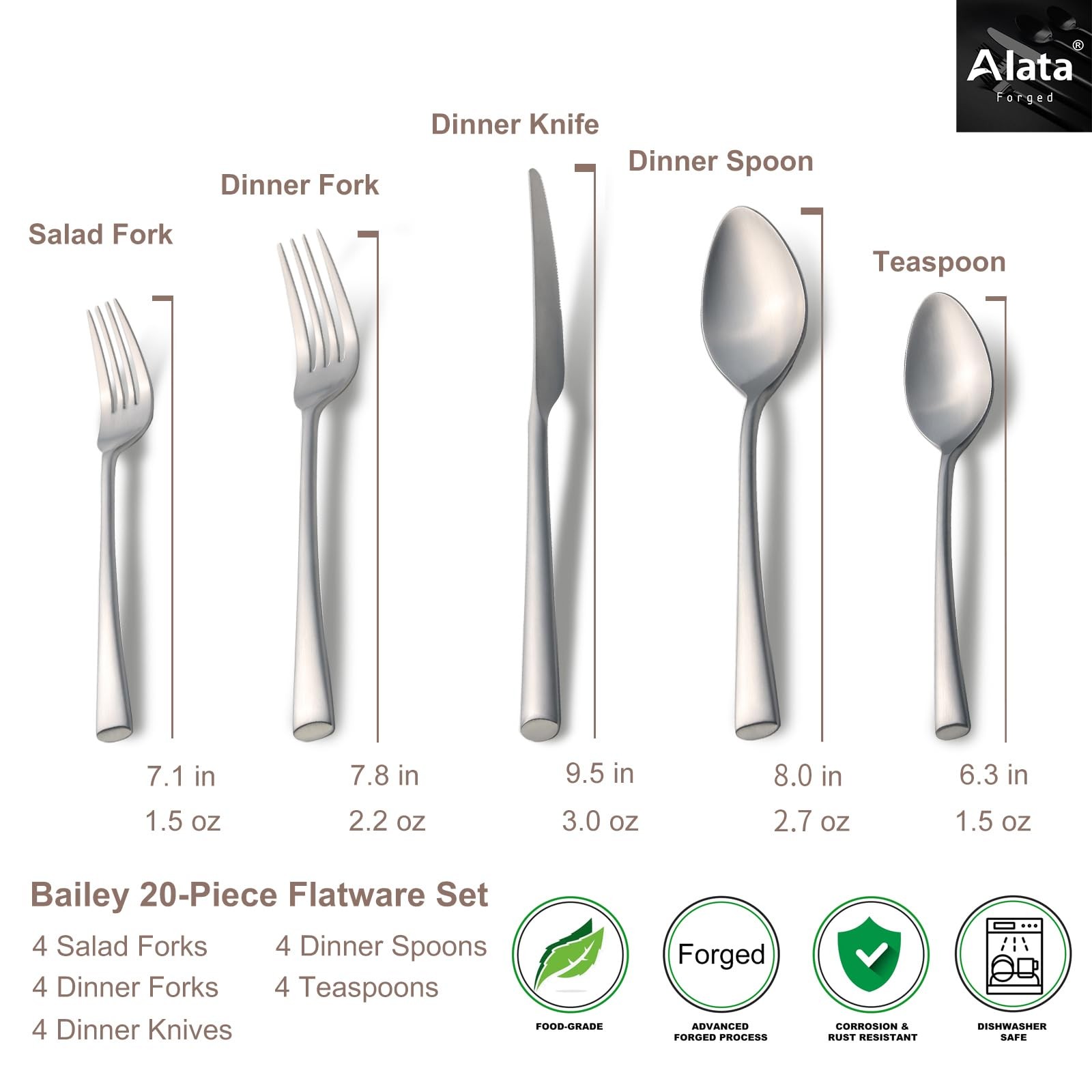 Alata Bailey 20-Piece Forged Stainless Steel Flatware 20 pieces for 4, Satin