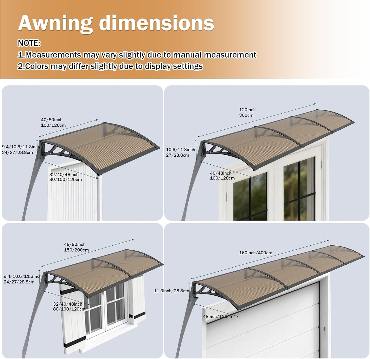 102x41cm Door Awning, Polycarbonate Window Canopy UPF 50+ for Rain Snow Sun