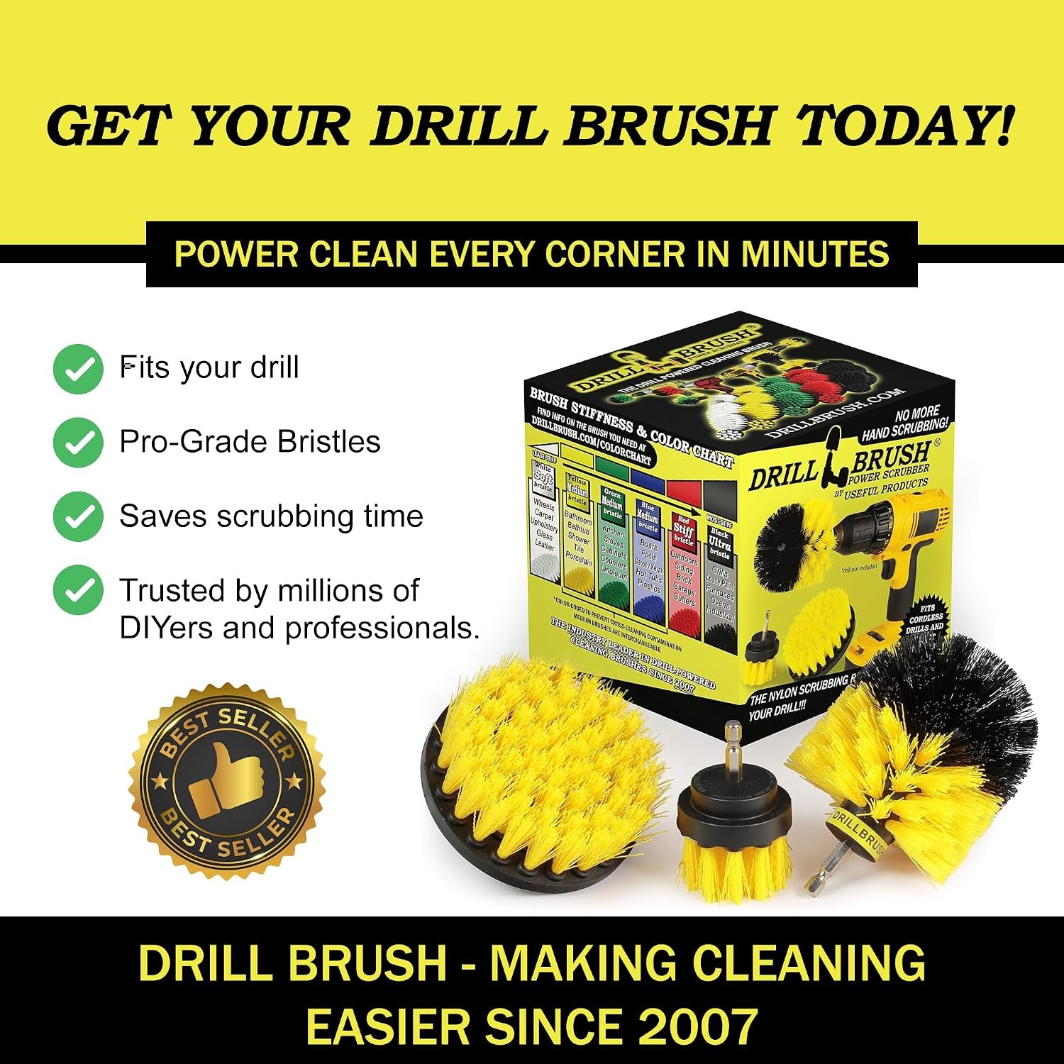 Drillbrush Drill Brush Attachment Set for Bathroom, Tile & Grout Cleaning | Powe