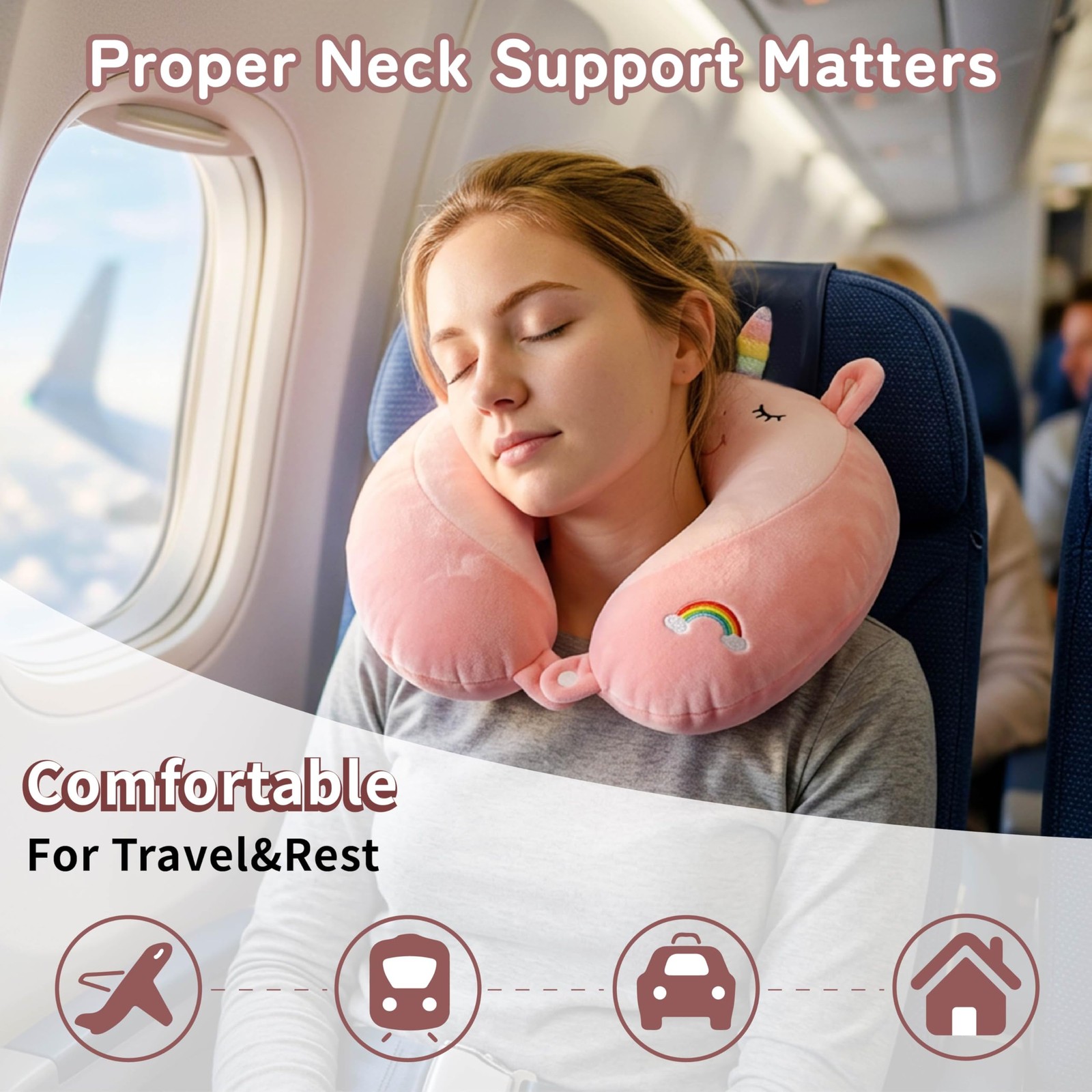 Unicorn Travel Neck Pillow 17″ Memory Foam for Teens & Adults – 360° Head