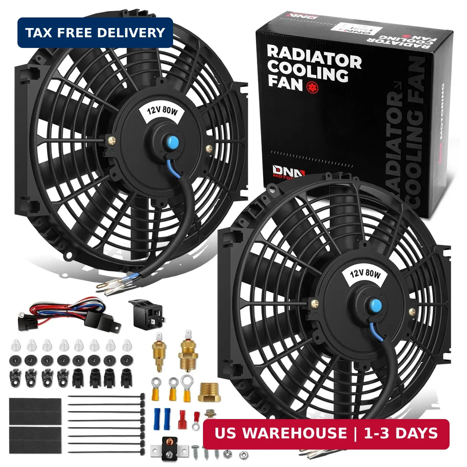 DNA Motoring 2pcs 12Inch Electric Radiator Cooling Fan Thermostat Wiring Switch