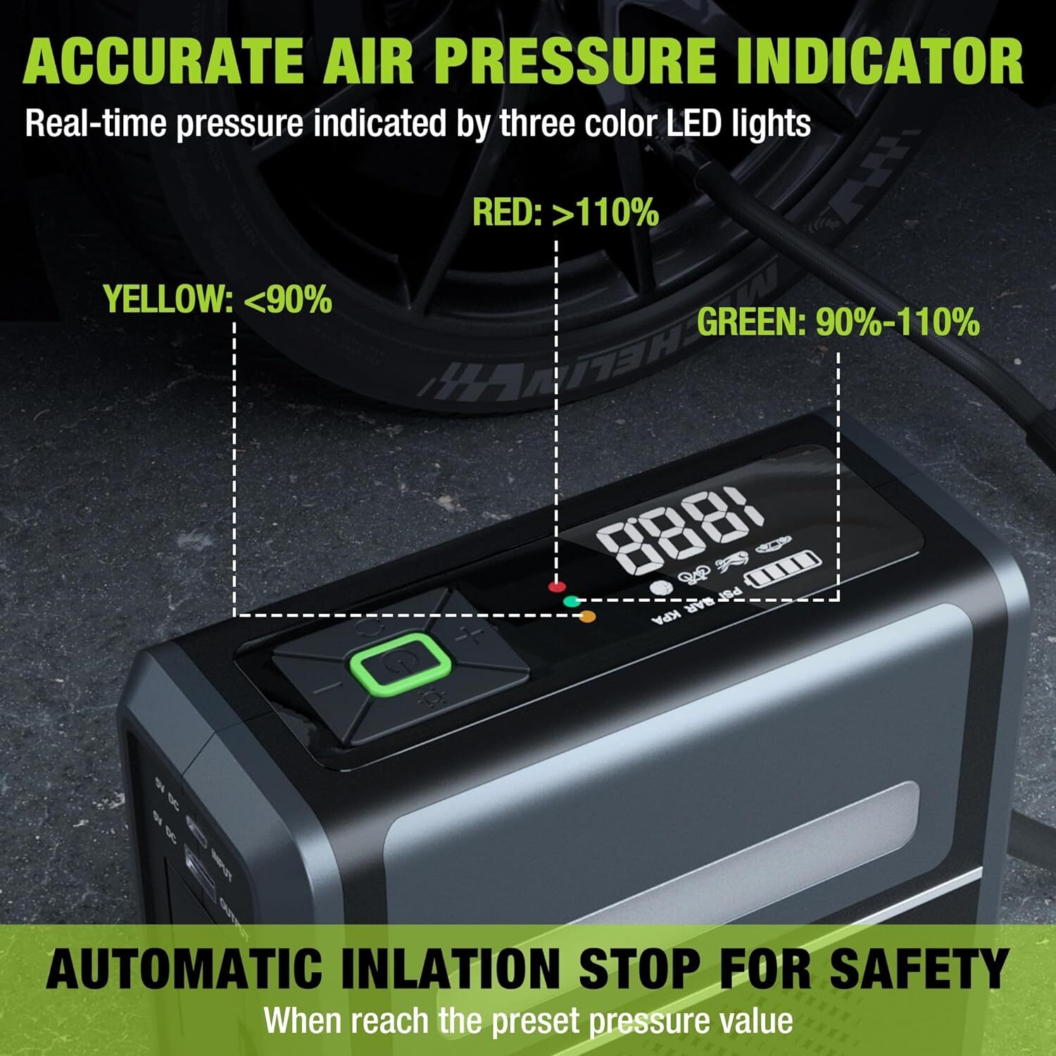 WORKPRO Tire Inflator Portable Air Compressor-12V w/7500mAh Battery150PSI 3-in-1