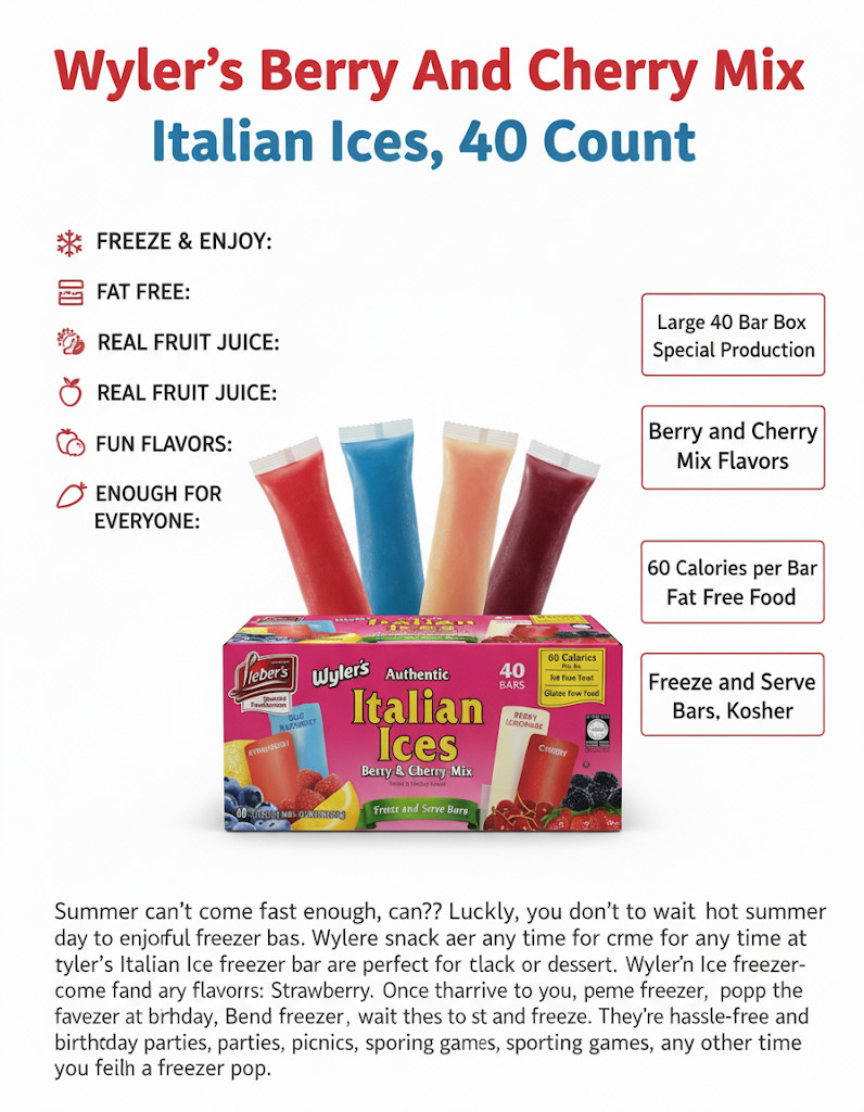 Wylers Italian Ice Berry And Cherry Mix Flavor Freezer Ices Pops 40 Count