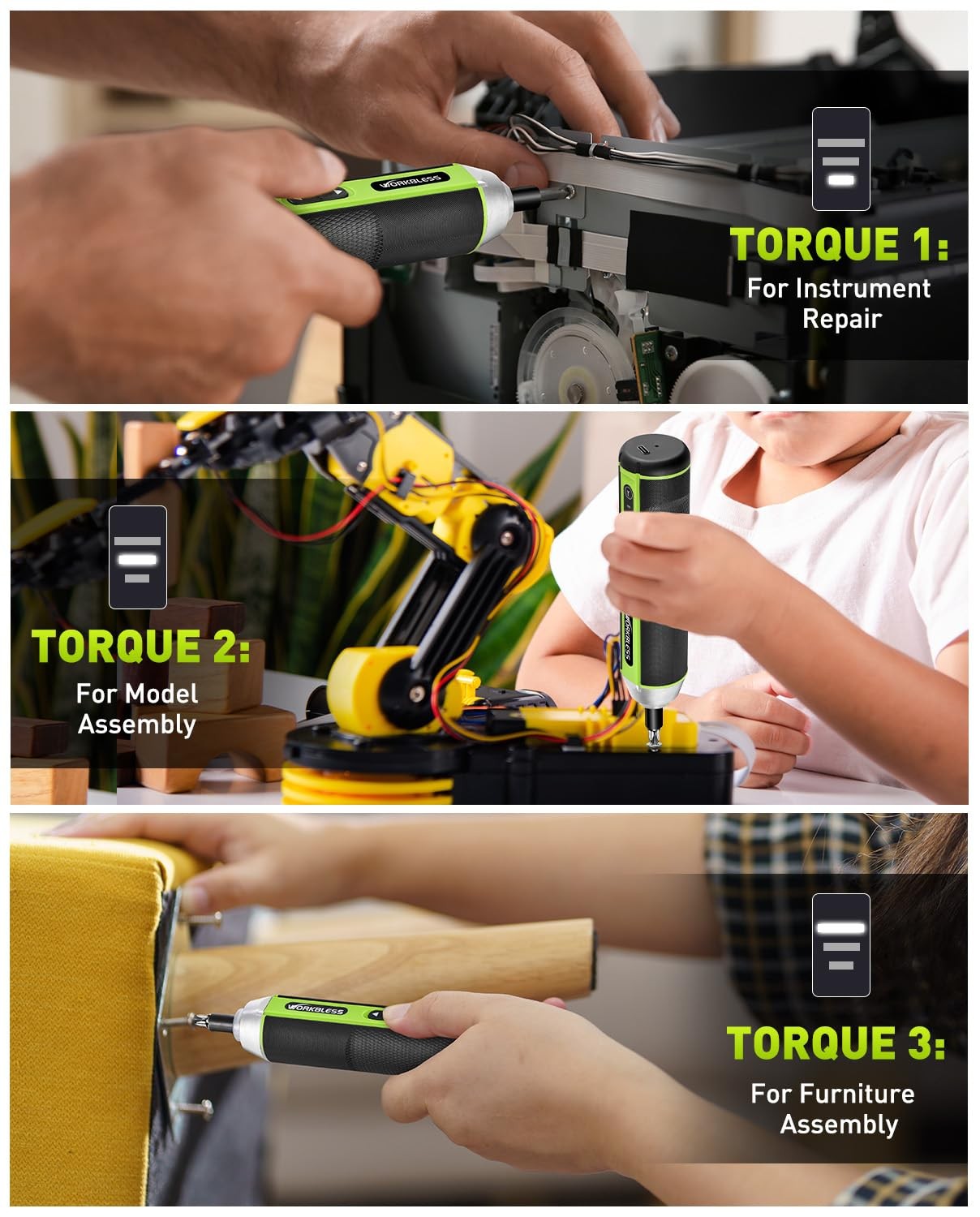 Electric Screwdriver Set, 3.7V Cordless with 3 Torque Green