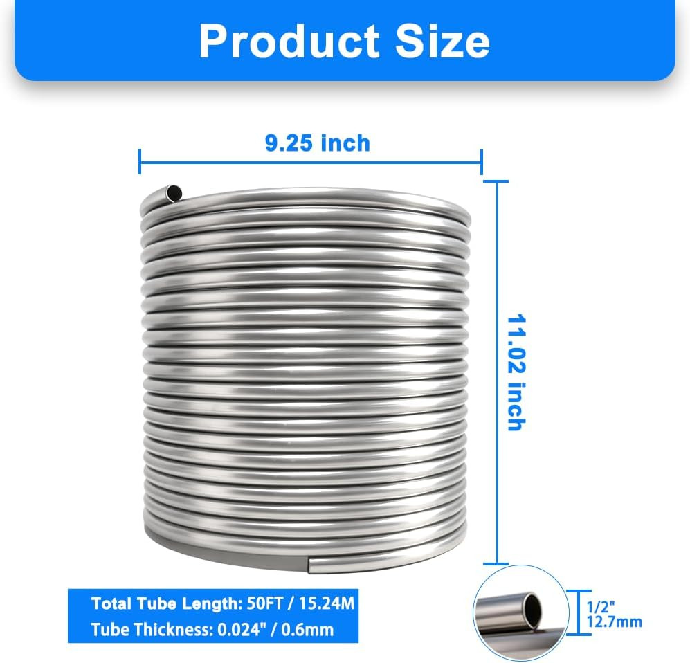 1/2″ X 50Ft 304 Stainless Steel Tubing Coil, Food Grade Welded Immersion Wort Ch