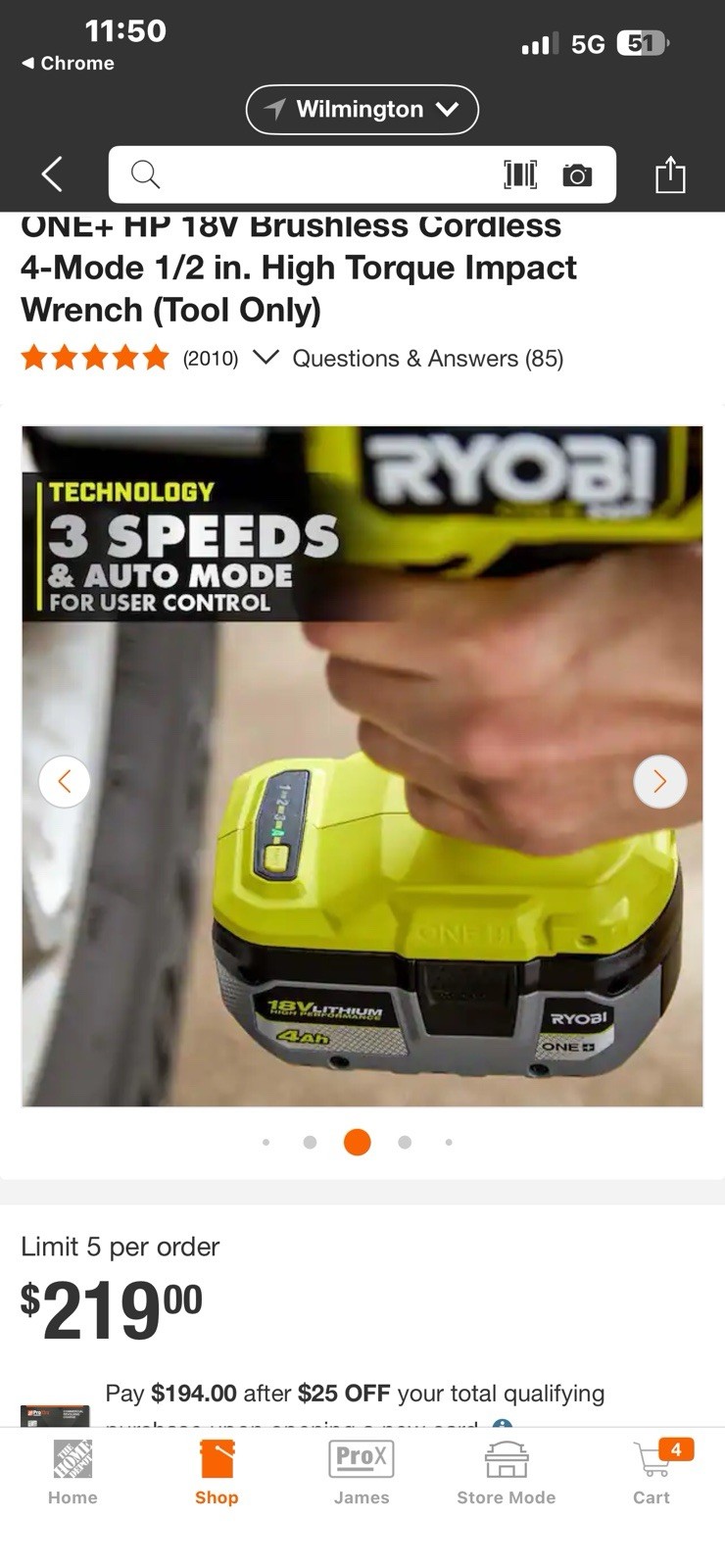 Ryobi 18V Brushless Cordless Impact Wrench 1/2″ 4-Mode High Torque-Tool Only
