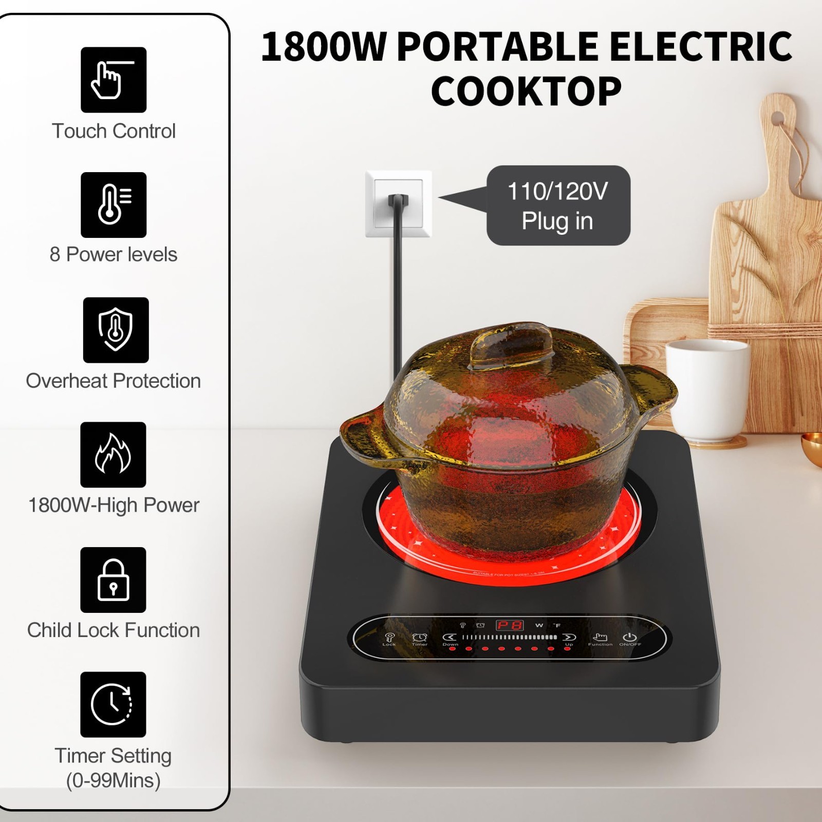 Portable Electric Cooktop 1800W Single Burner with LED Touch Control, Timer, Saf