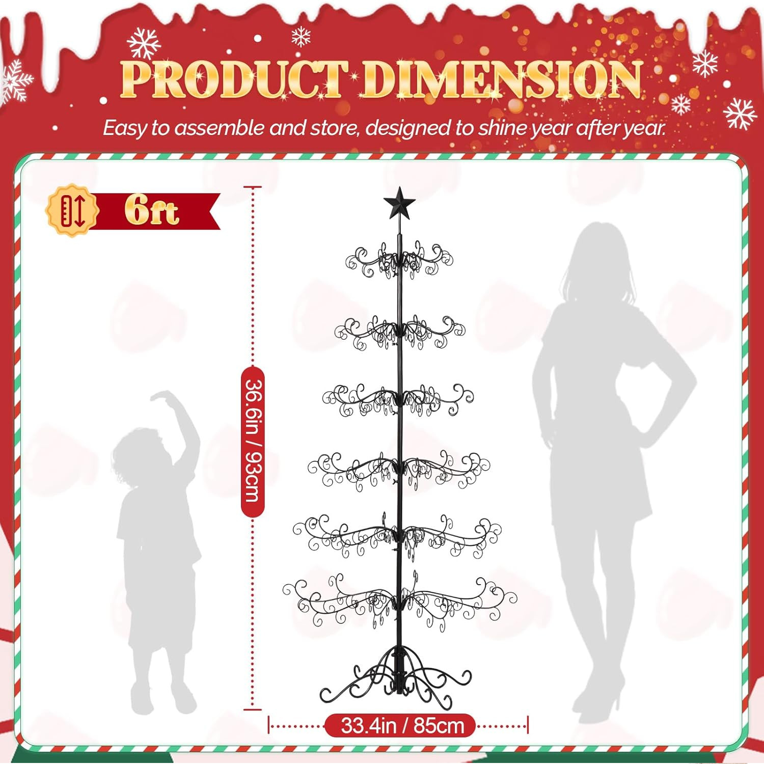6 ft Wrought Iron Ornament Display Christmas Tree with Base Indoor Outdoor Decor