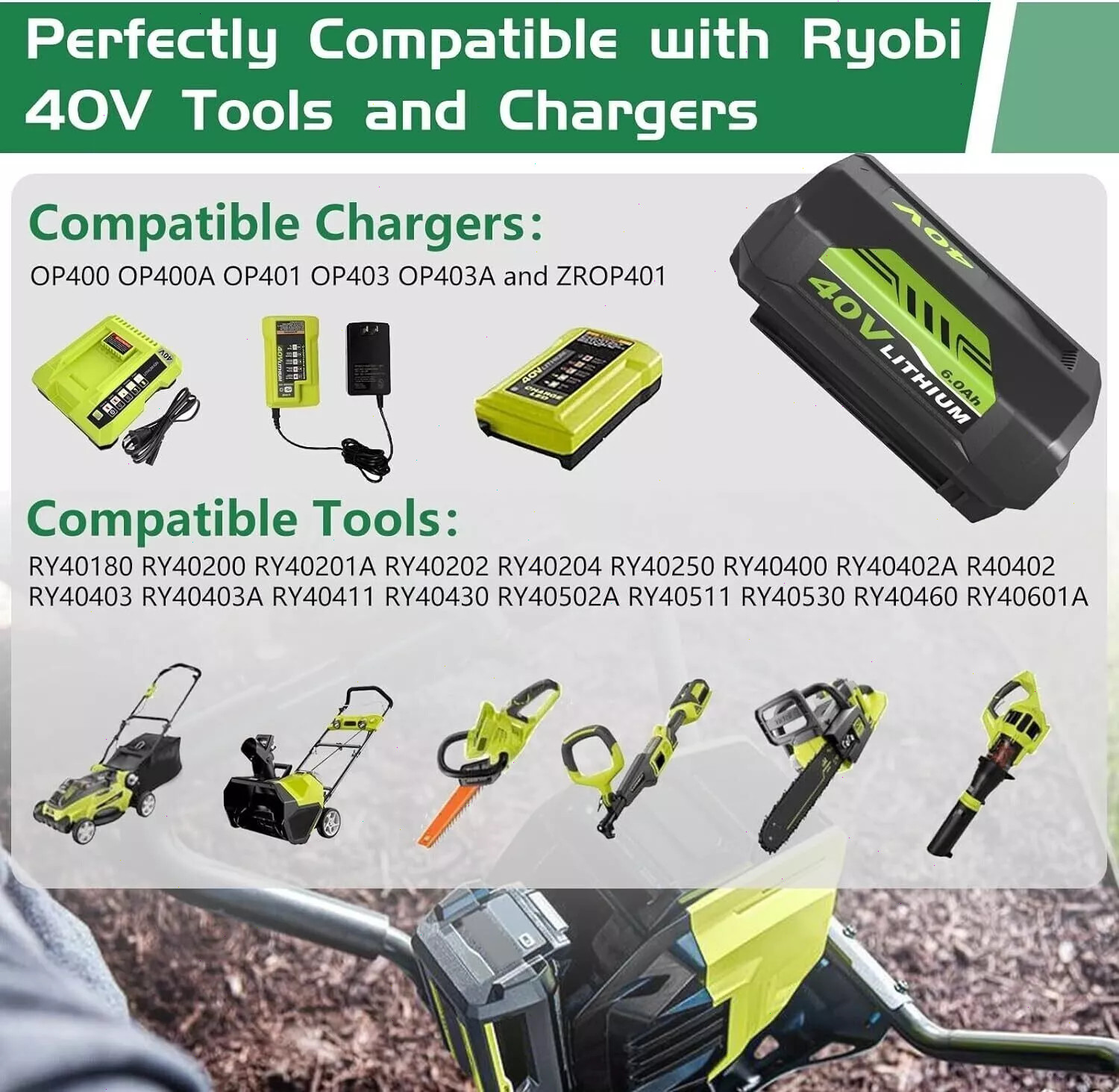 40V 8.0Ah Battery / Charger for Ryobi Lawn Mower OP4015 OP4050A Hedge Trimmer