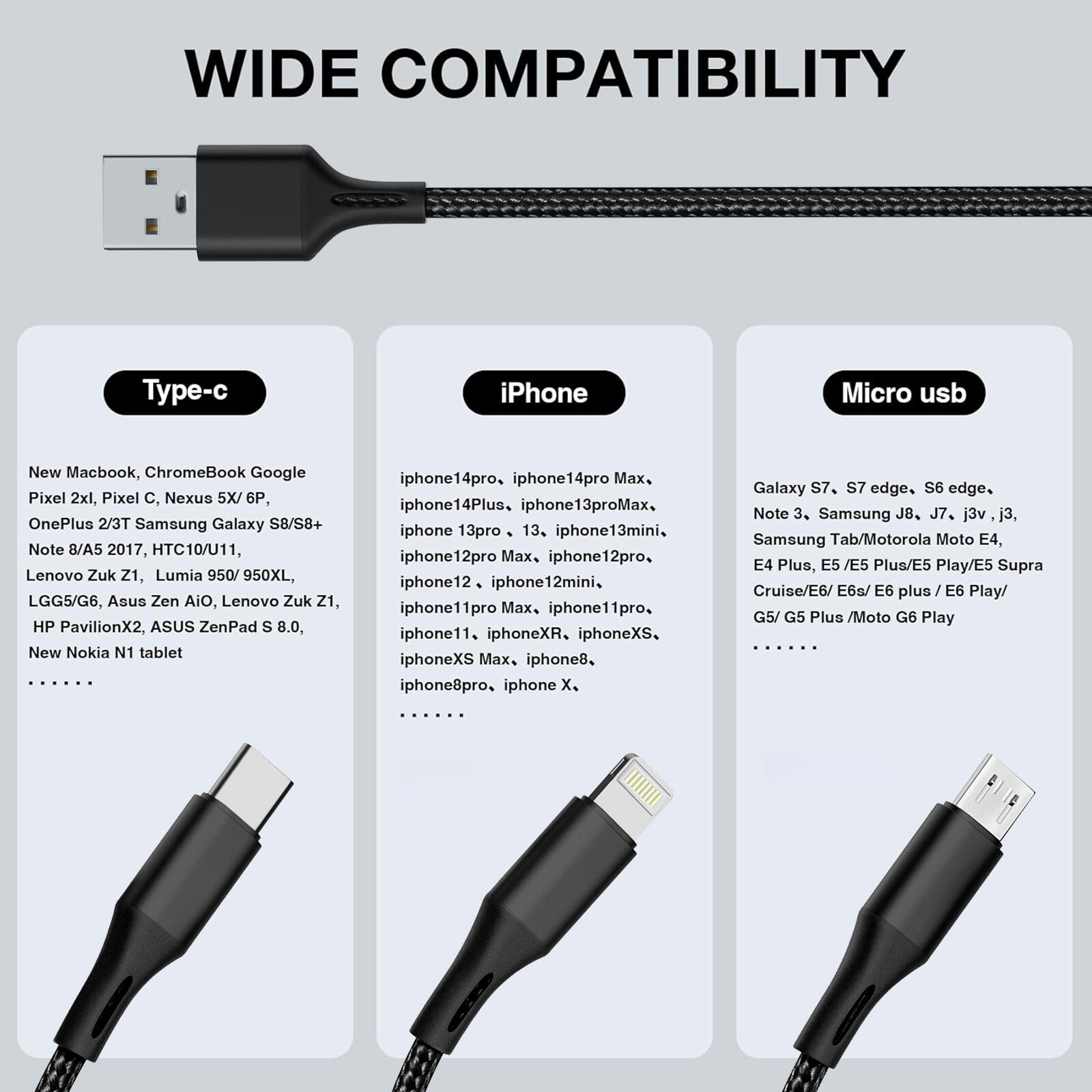 3in1 Multi USB Charger Charging Cable Micro USB Type-C for iPhone Samsung