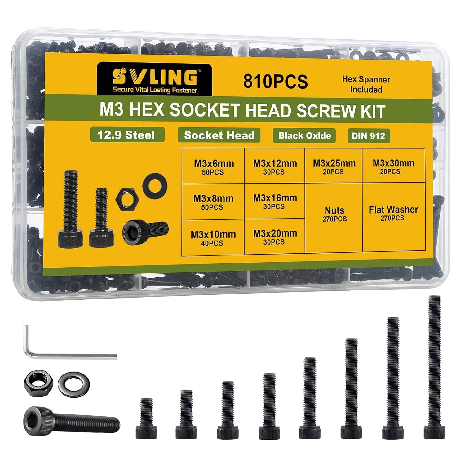 M2 M2.5 M3 M4 M5 M6 Hex Socket Head Cap Screws Bolts Nuts Washers Assortment Kit