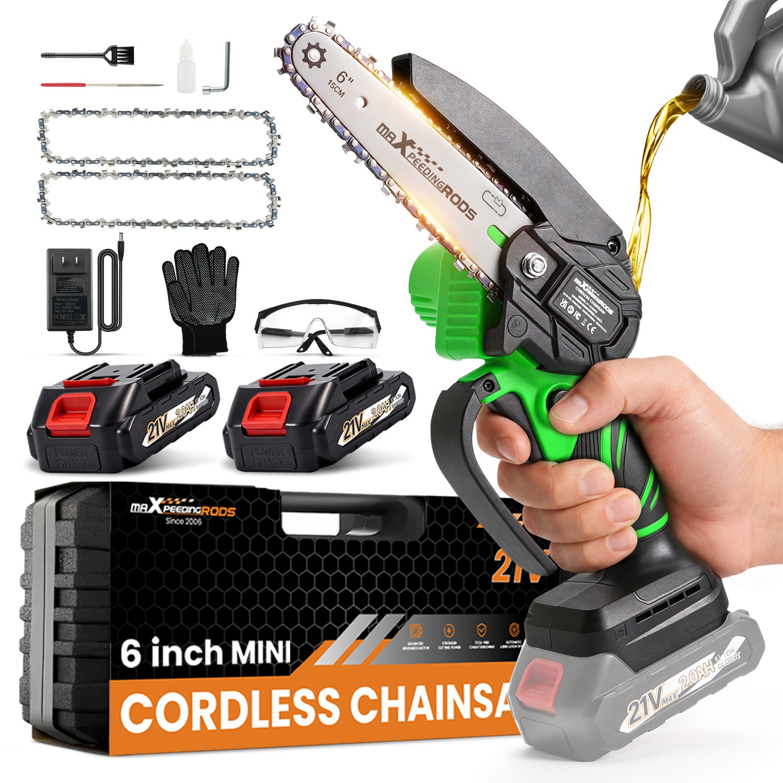 21V for Cordless Mini Chainsaw with 2 Batteries 6inch Guide Bar Wood Pruning