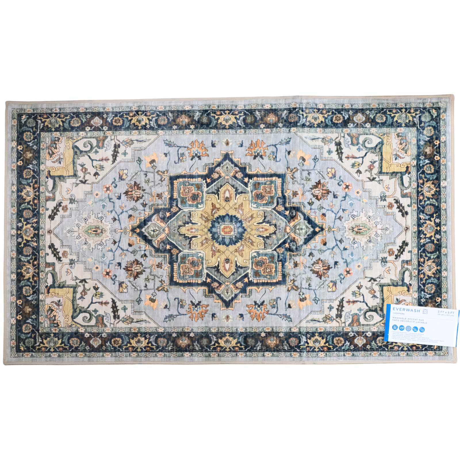 EVERWASH Light Grey Cashmere Washable Accent Rug 3FTx5FT Anti-Slip 91cm x 153cm