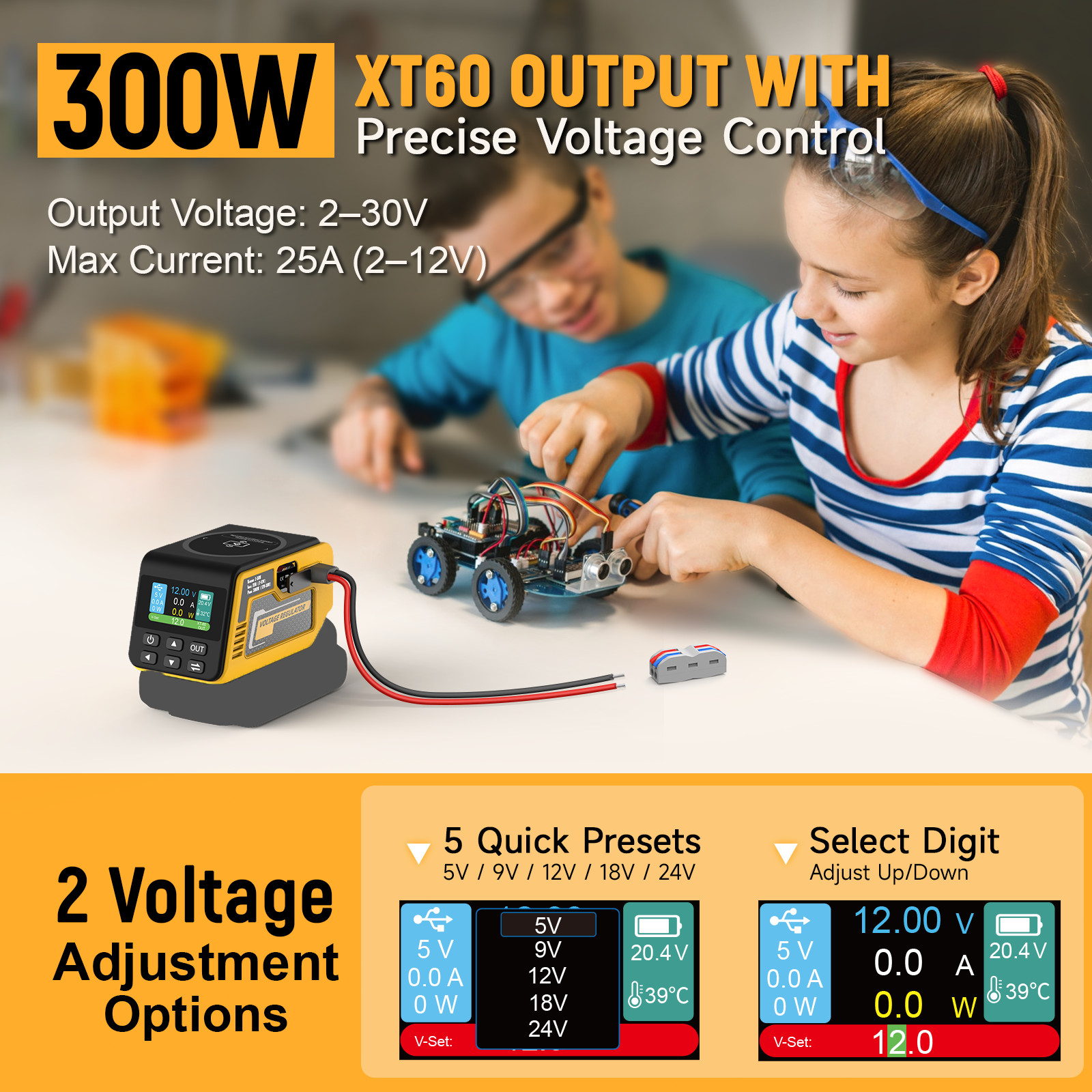 300W Adjustable Voltage Regulator Compatible with Dewalt 20V Battery, DC 2-30V
