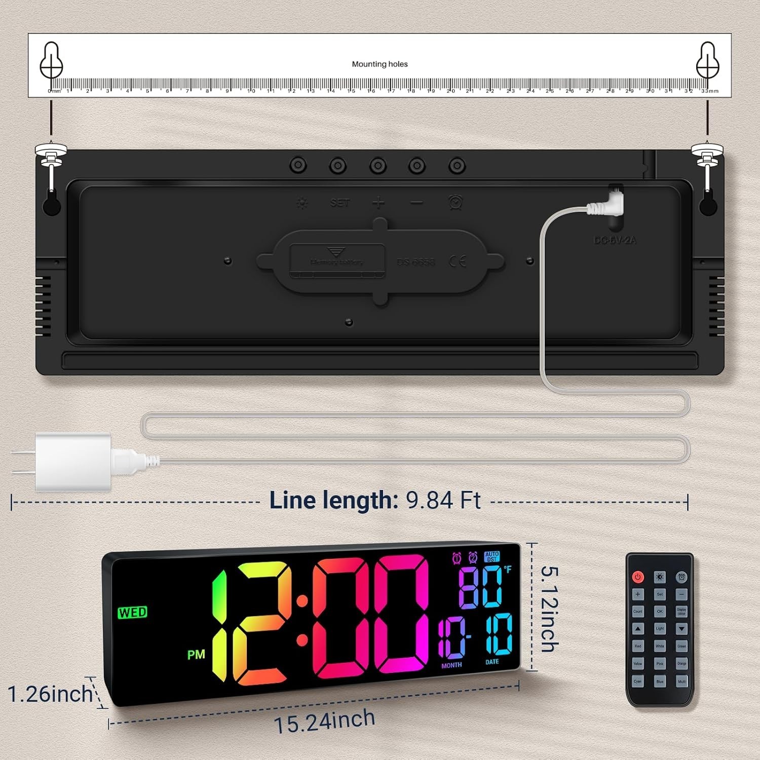 Large LED Digital Clock, 11 Color Changing, Remote Control, Multicolor