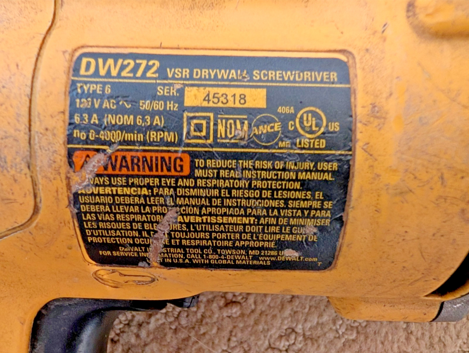 DEWALT DW272 4000RPM VSR Drywall Screwdriver – Yellow
