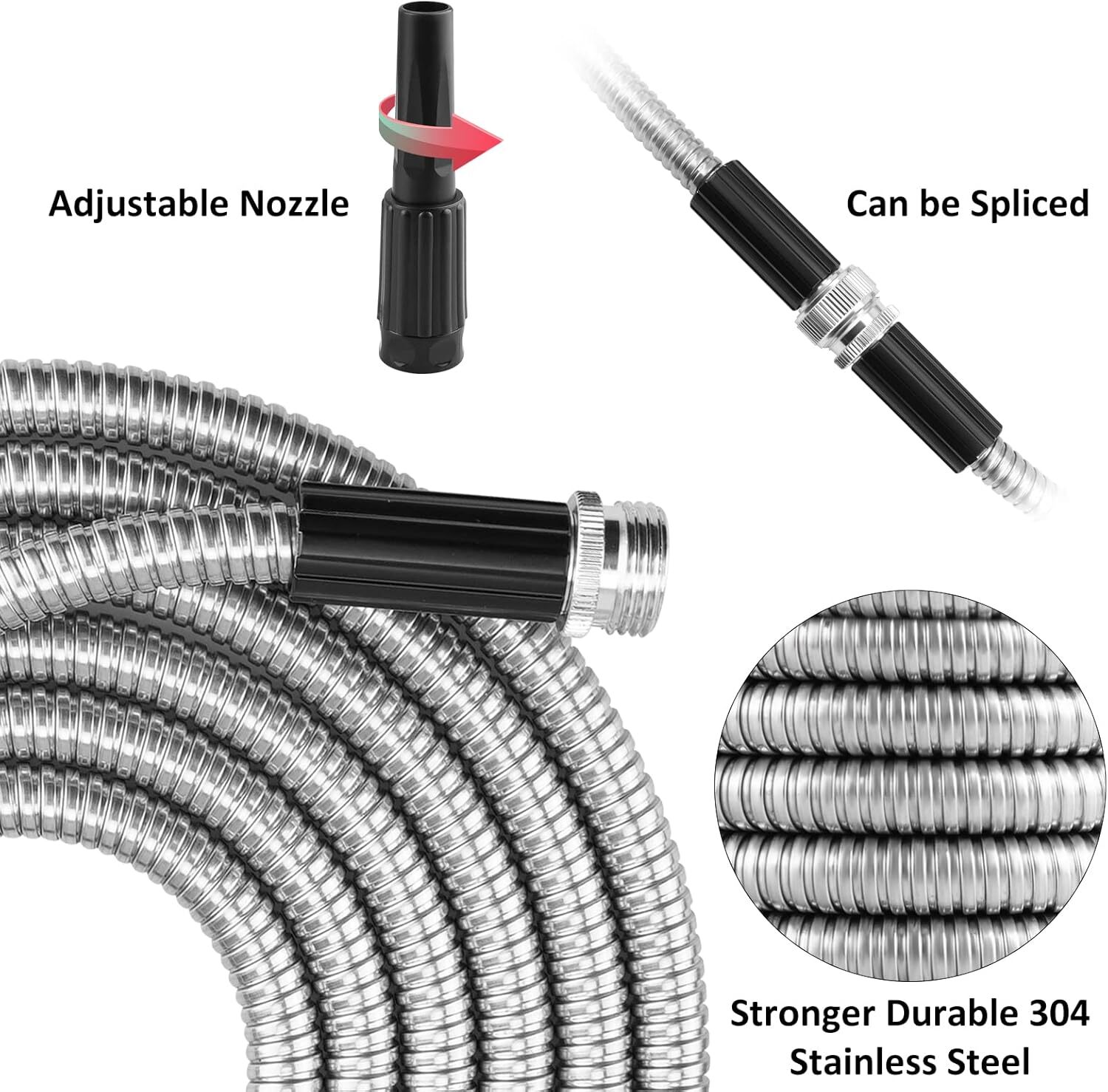 25/50/75/100FT 304 Stainless Steel Water Hose Pipe Metal Garden Pipe Connector