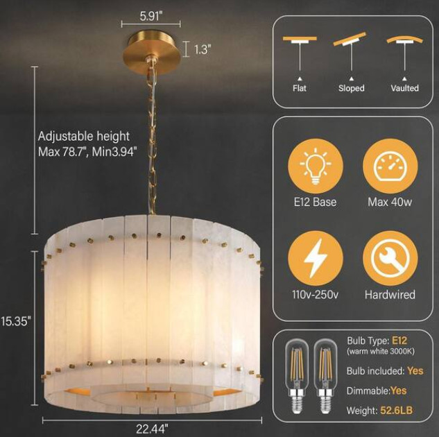 YUYI 22 in. 6-Light White Alabaster Chandelier, Modern Round Natural Marble Chan