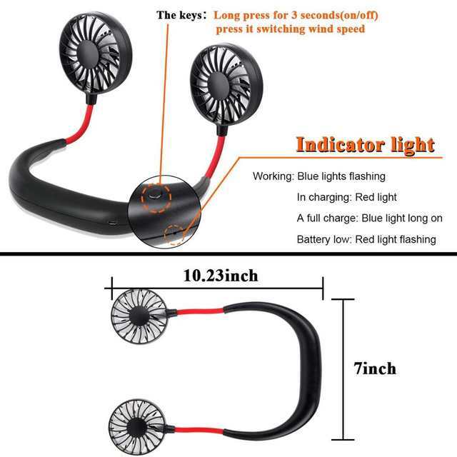 Portable USB Rechargeable Neckband Lazy Neck Hanging Dual Cooling Mini Fan USA
