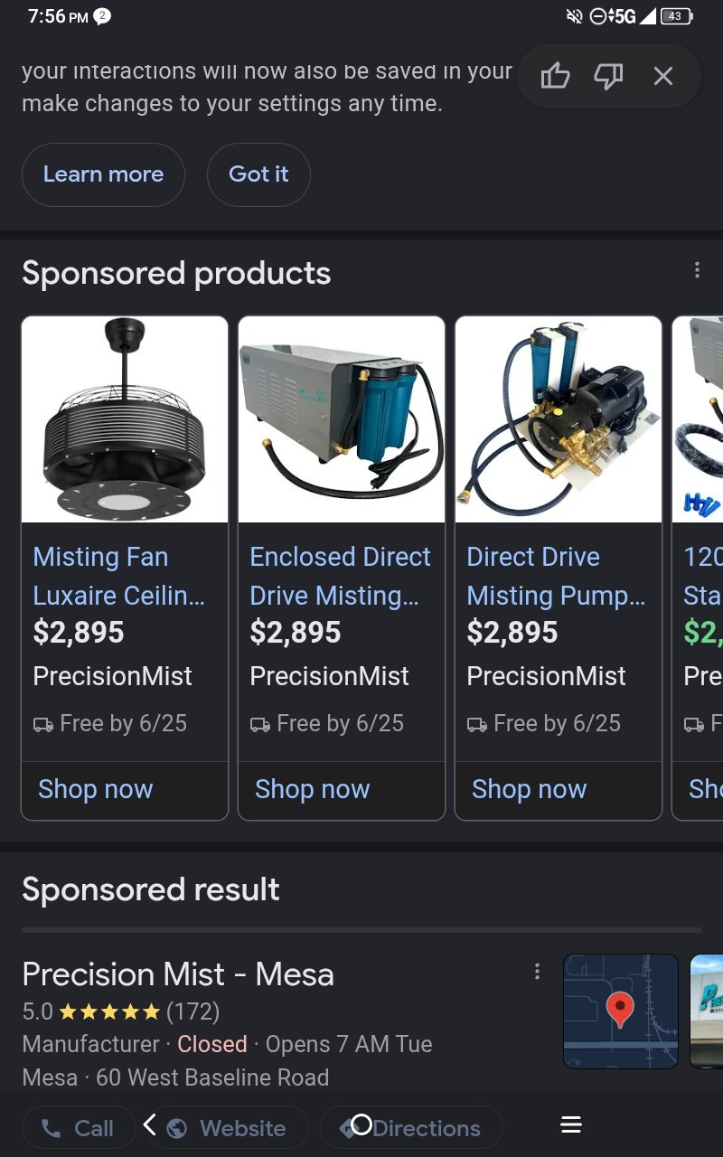 Precision Mist Mini Luxaire 14in Black Misting Ceiling Fan LED 6 Speed