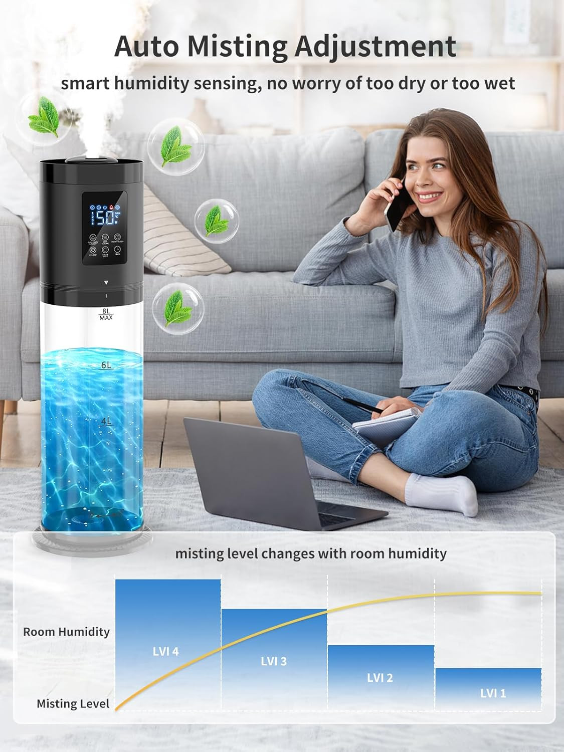 8L Humidifiers for Bedroom, 30dB Quiet, 500ft² Coverage, 60H Runtime, Top Fill,