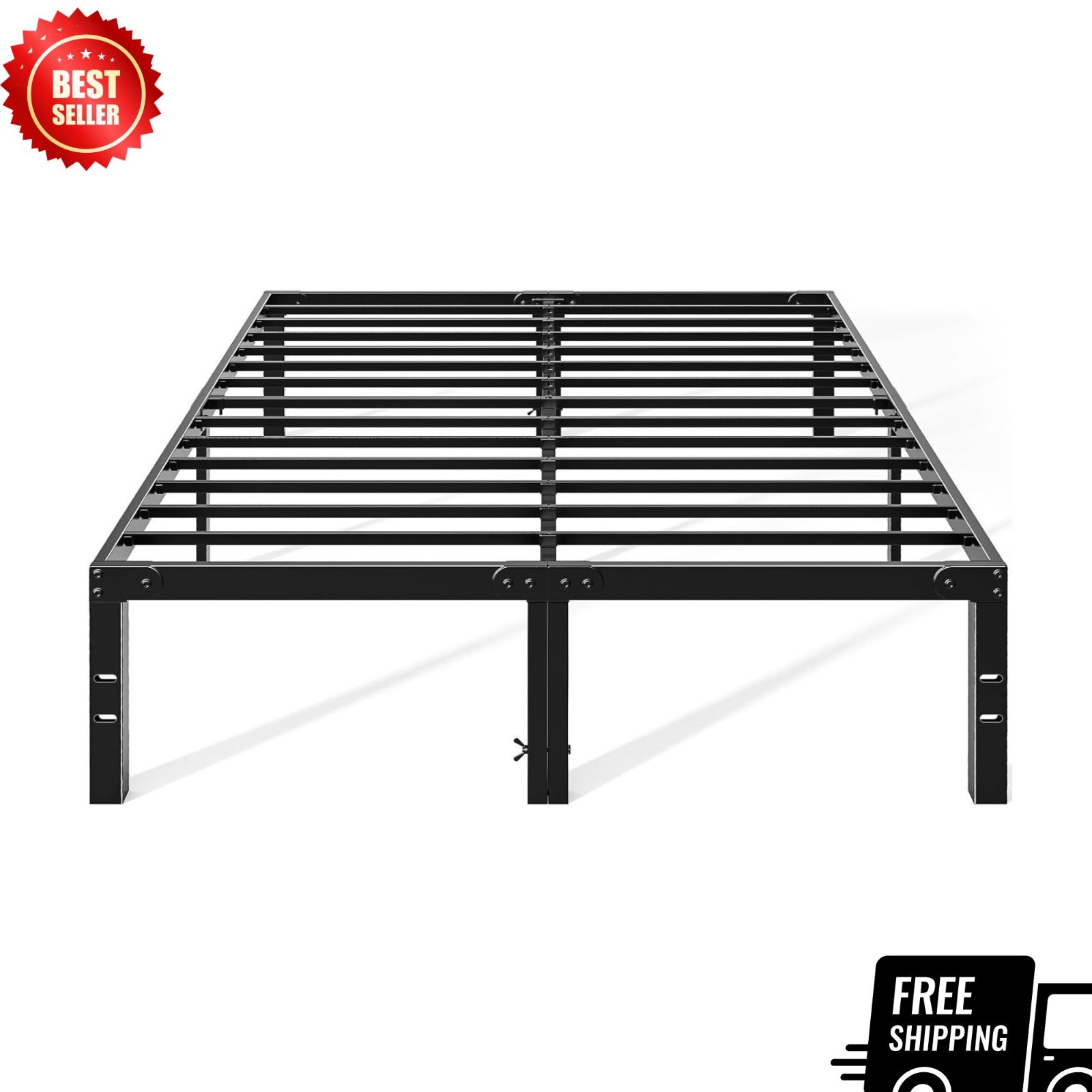 14″ Metal Queen Bed Frame with Storage Steel Slat Support Black
