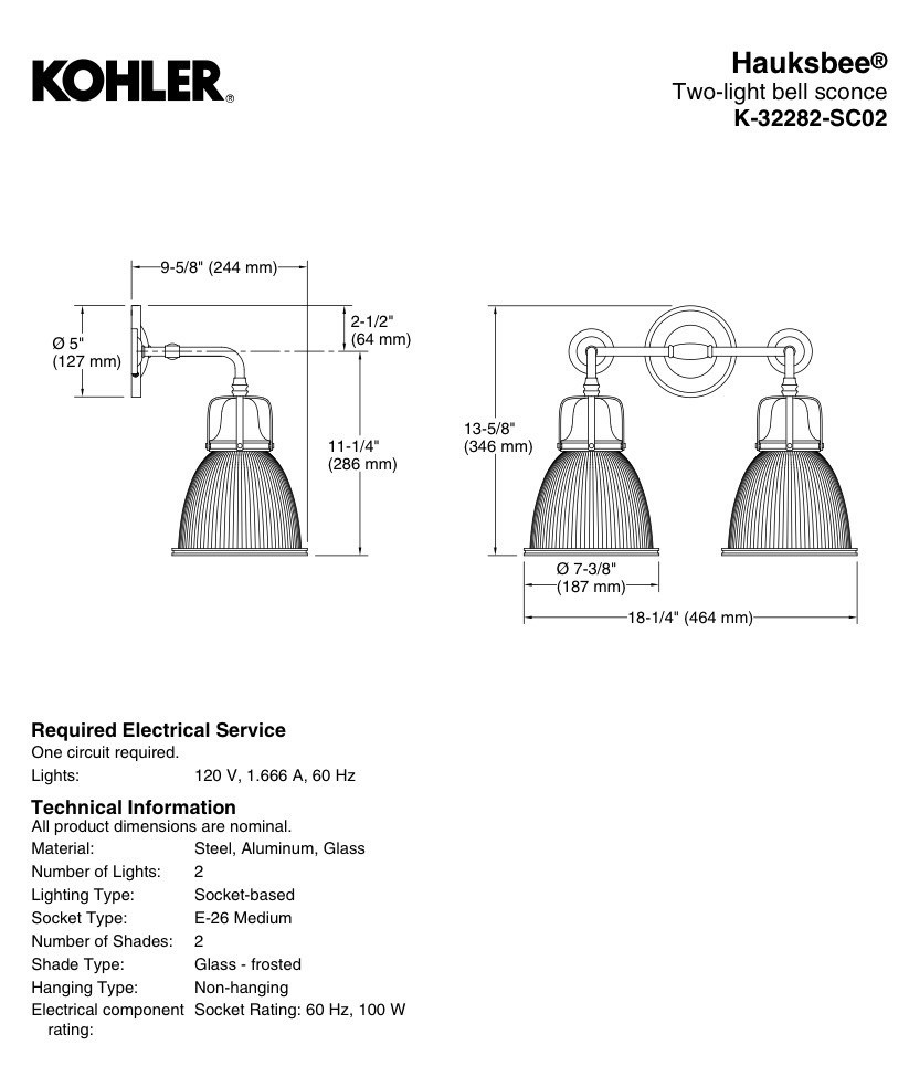 Kohler Hauksbee 2-Light Bell Wall Sconce Polished Nickel K-32282-SNL