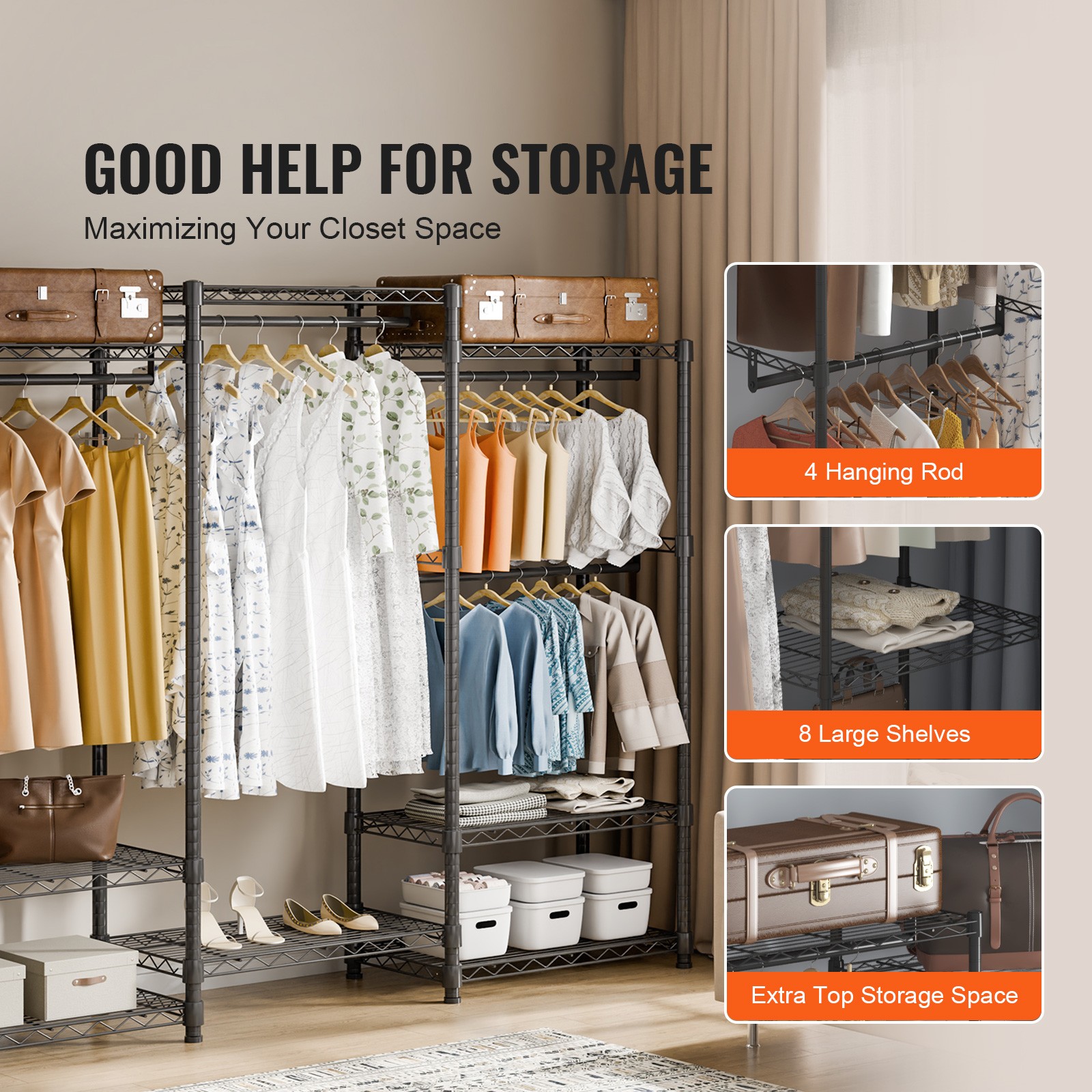 VEVOR Clothes Rack Rolling Clothing Garment Rack 4 Hang Rods & 8 Storage Tiers