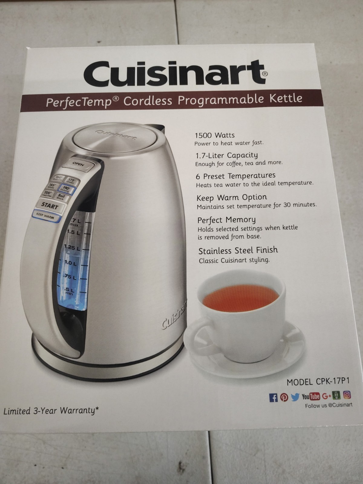 Cuisinart CPK-17P1 PerfecTemp 1.7L Electric Kettle 1500W 6 Temps