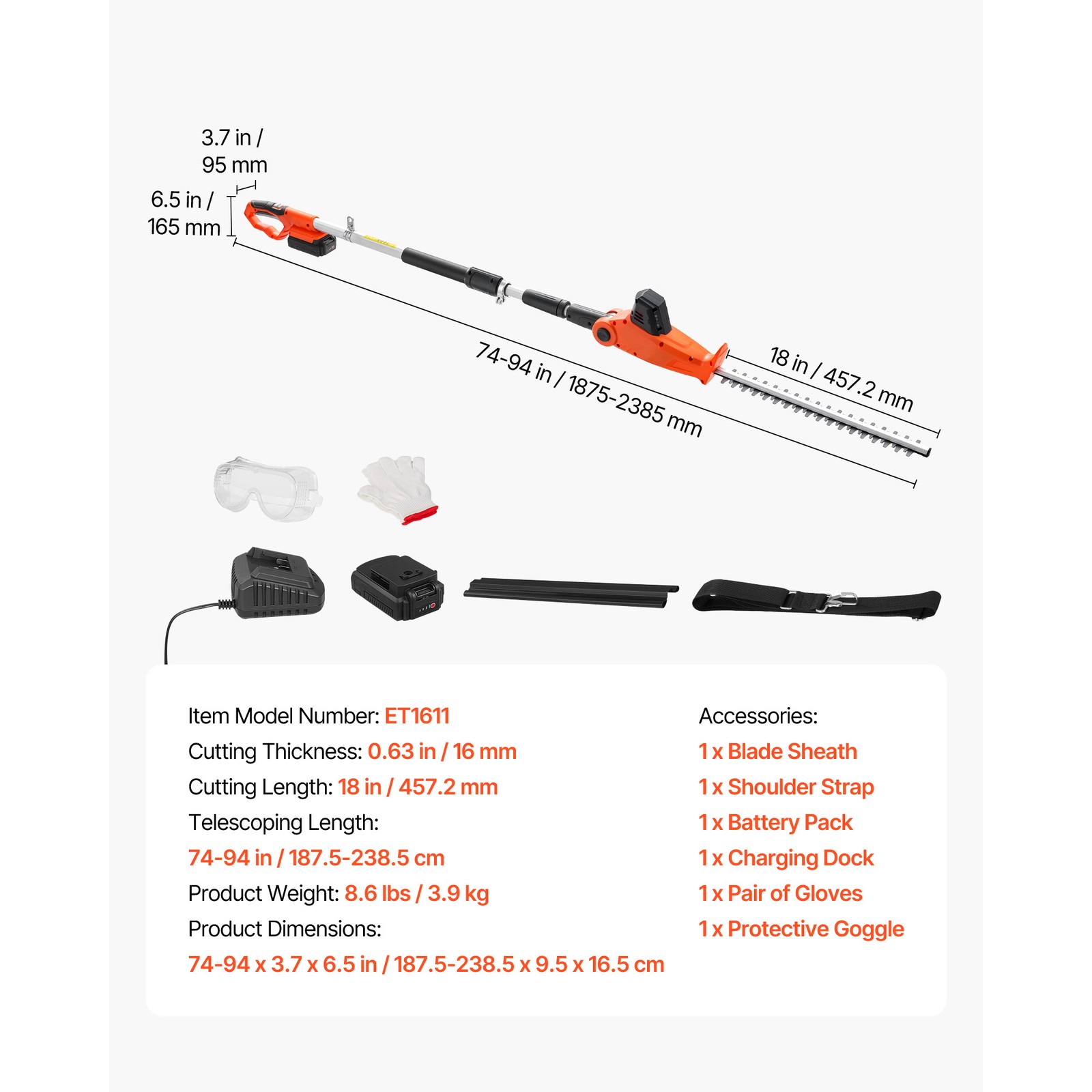 Uimoso Cordless Telescoping Hedge Trimmer 20V with 18-Inch Cutting Blade