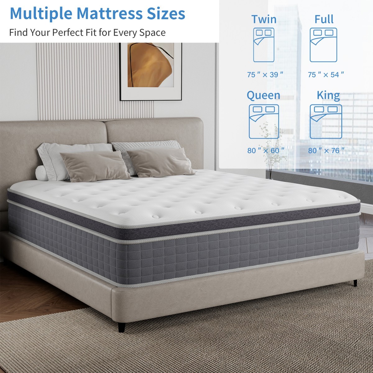 12″/14″ Twin Full Queen King Size Mattress Hybrid Foam Pocket Coils Bed In a Box