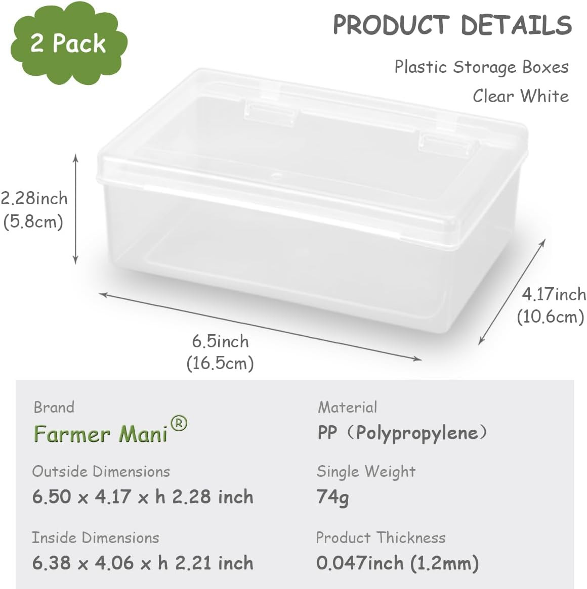2 Pack Rectangle Small Storage Containers Box 6.5 X 4.17 X 2.28 Inch, Clear Plas