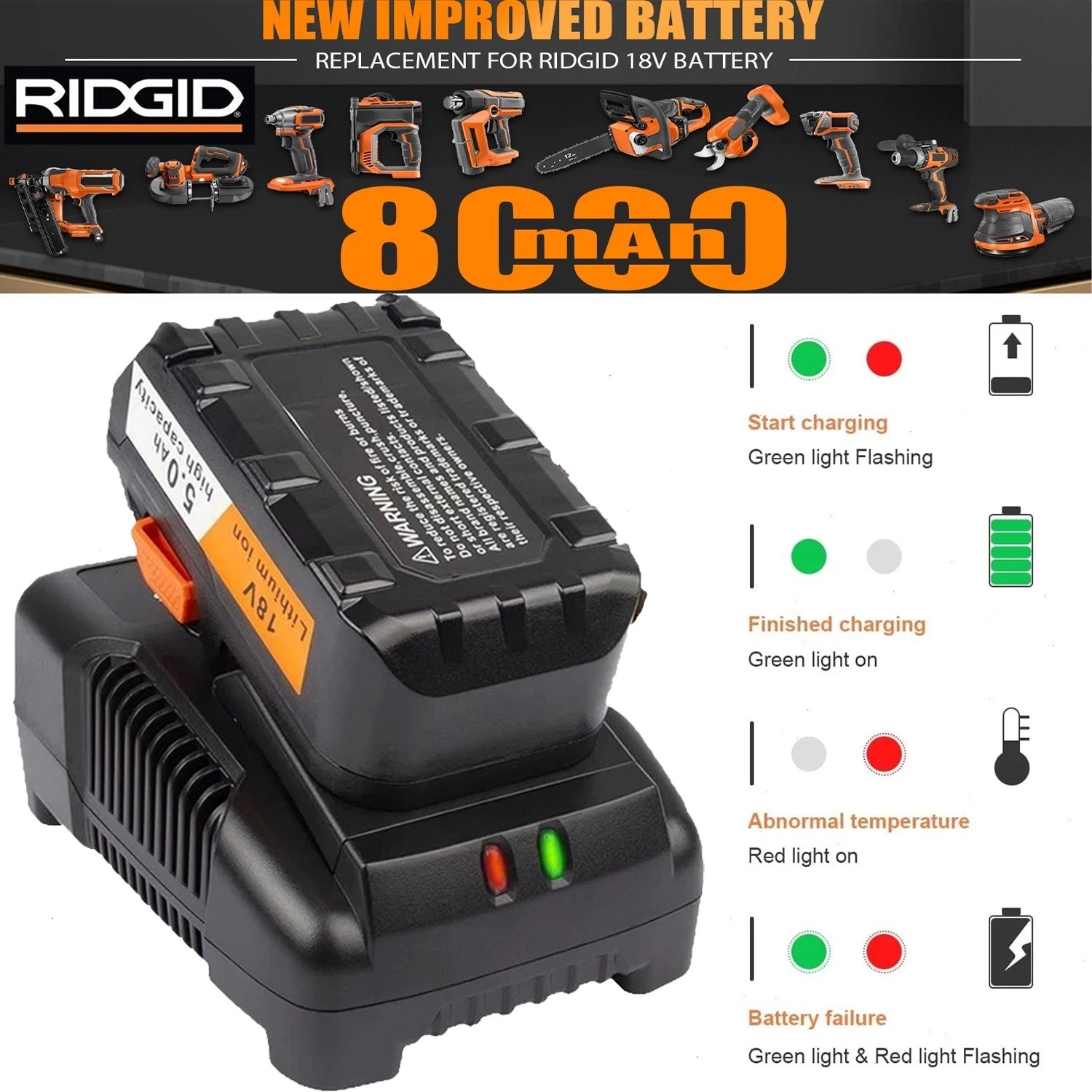 18V for Ridgid Battery Charger R86092 R86091 for Ridgid 18V Lithium Ion Battery