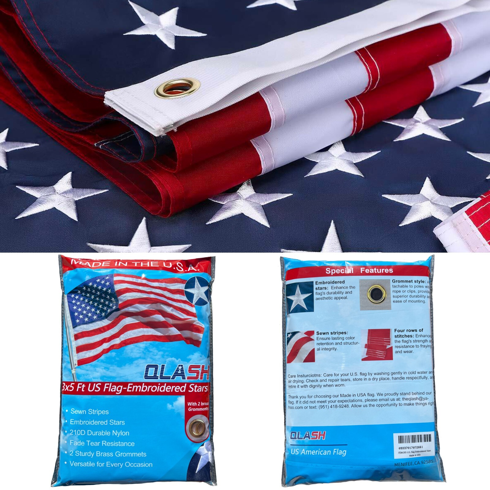 American Flag 3x5ft Embroidered Stars Outdoor Heavy Duty Nylon 100% Made IN USA