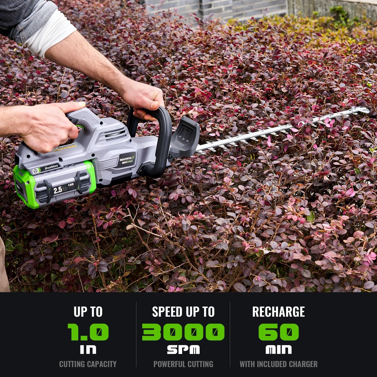 NovorikX 60V 26″ Cordless Hedge Trimmers HedgeTrimmer 2.5AH, Green