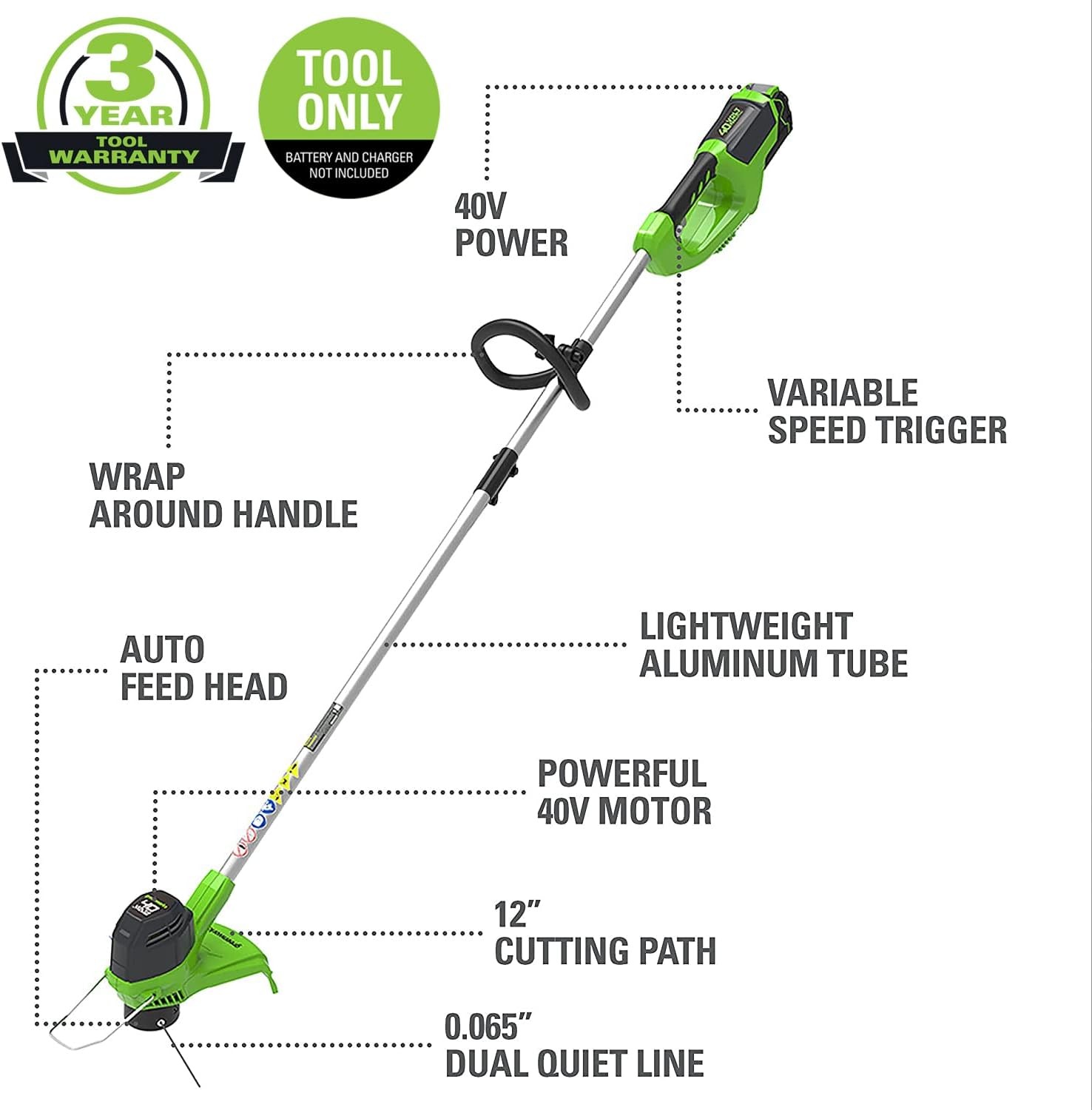 Greenworks 40V 12-Inch Cordless String Trimmer, Battery and Charger Not Included