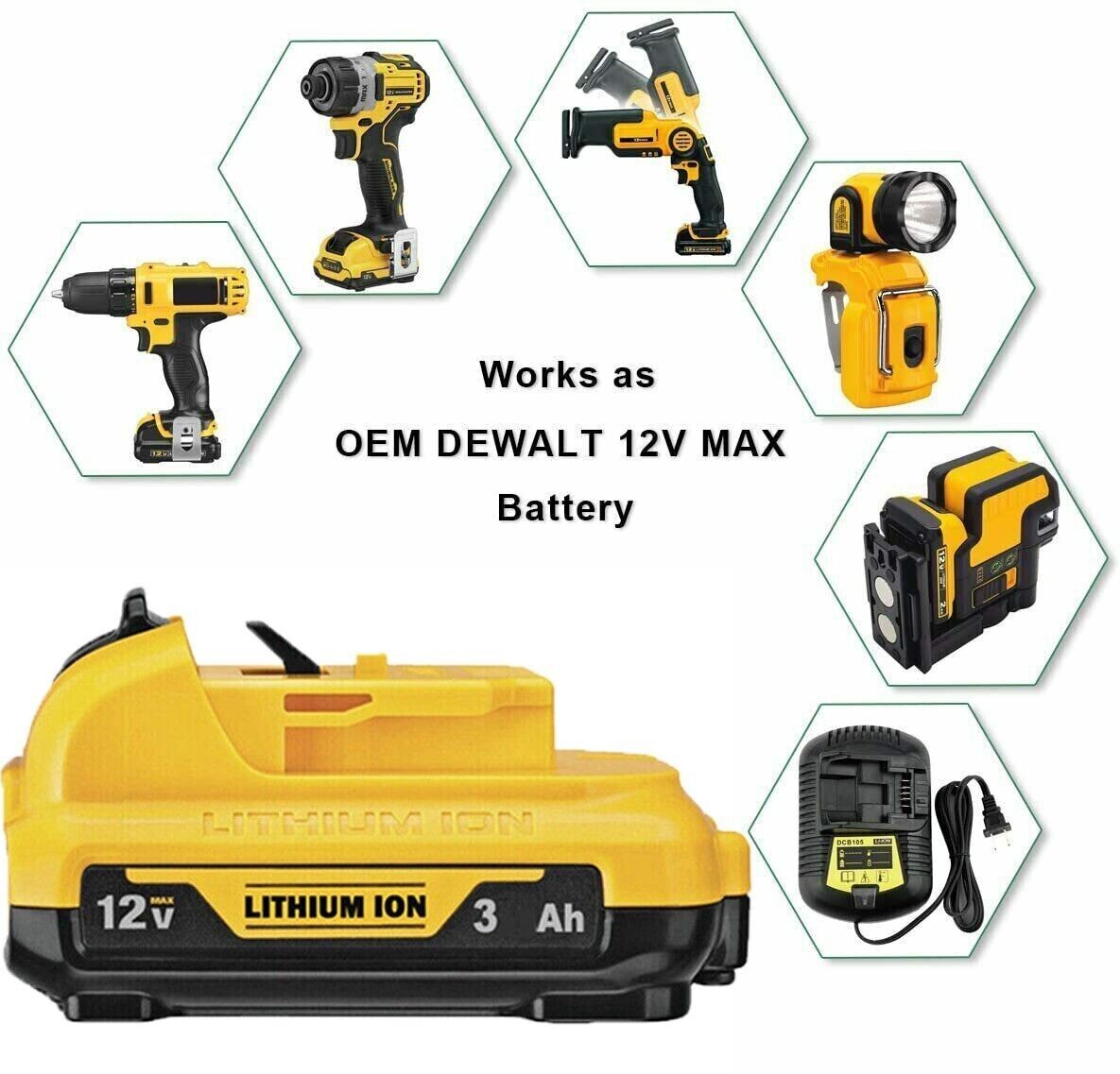 2X 3.0Ah 12 Volt Lithium-Ion Battery Replacement For Dewalt DCB127 DCB120 DCB101