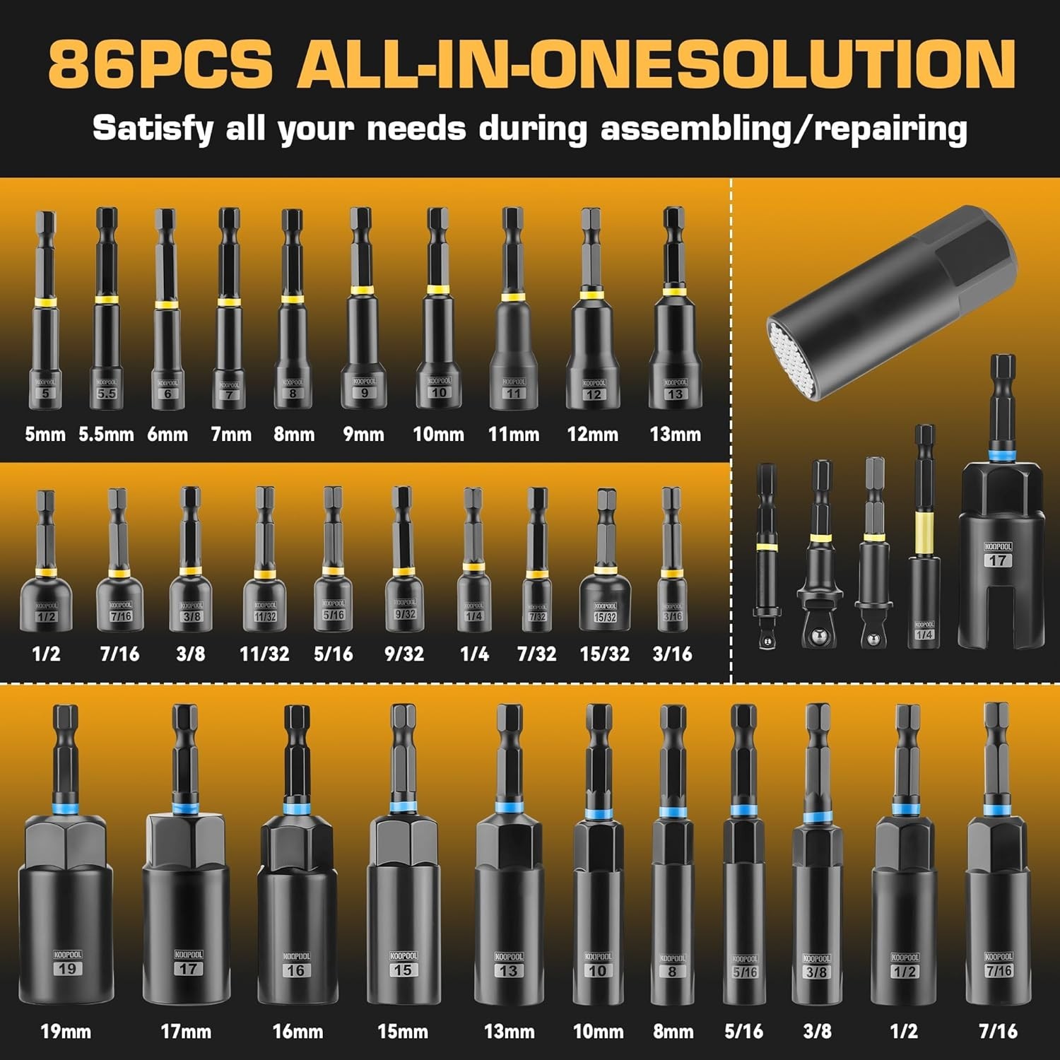 Complete 86-Piece Magnetic Driver Bit Set with Universal Sockets and Adapters